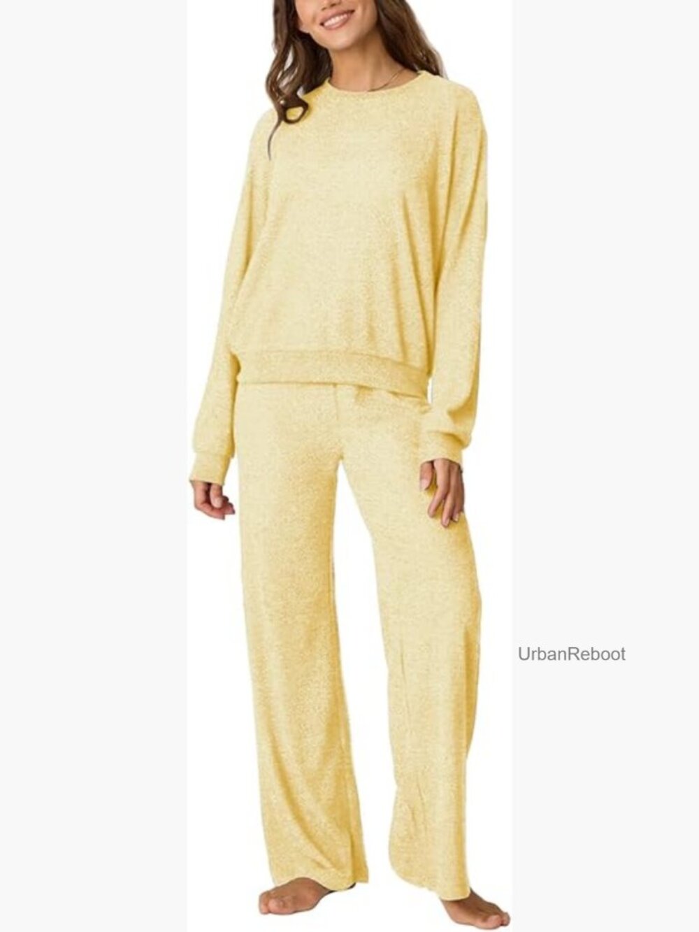 2-Piece Lounge Set Brushed Jersey Pajamas Long Sleeve Top Wide Leg Pants